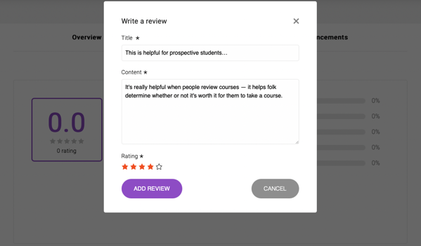 A pop-up window that asks for a title, review, and gives an opportunity to star-rate the course. The title says 